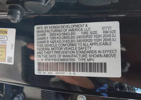 2021 Honda Pilot Awd Special Edition z USA, uszkodzony, nr VIN 5FNYF6H23MB097650